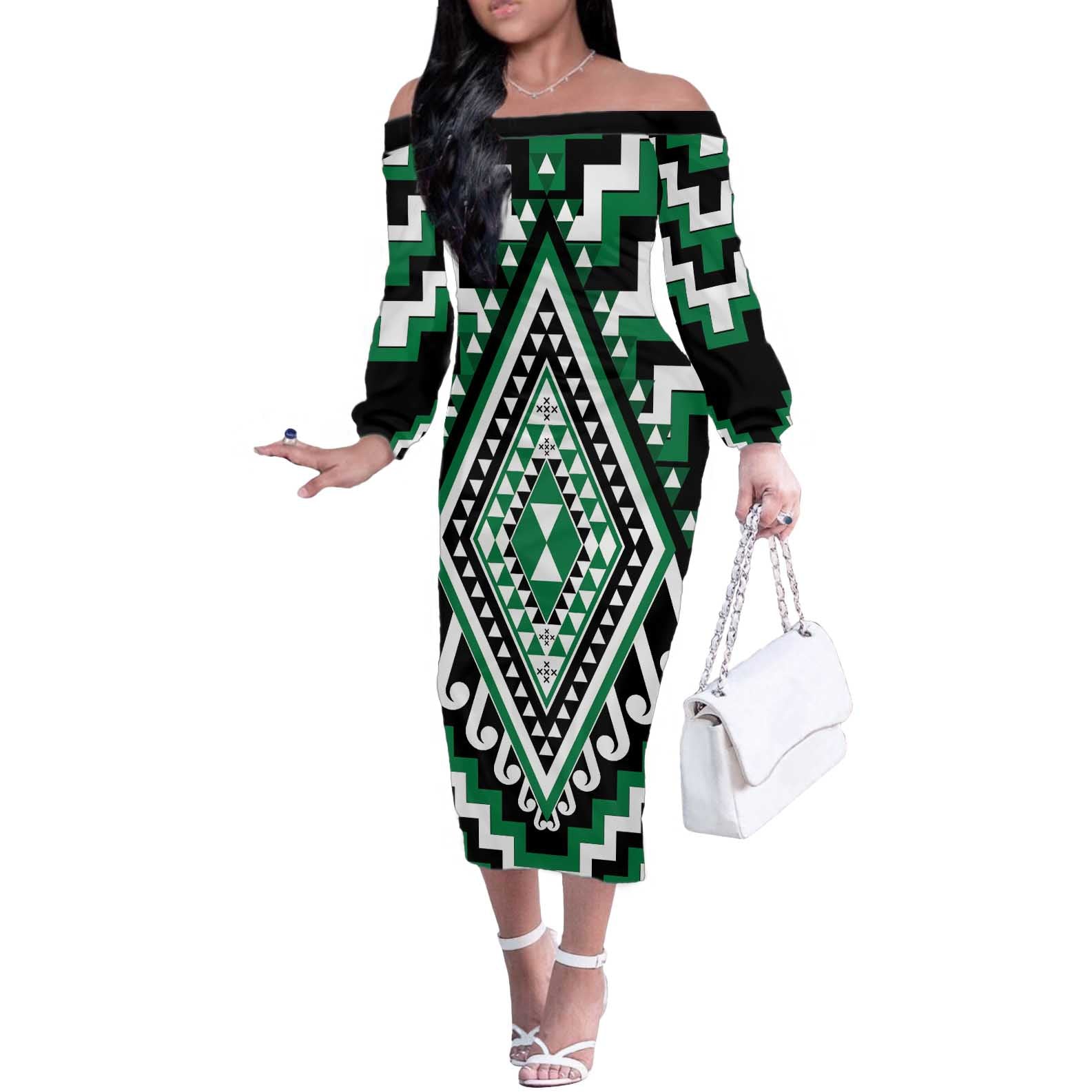 Green Aotearoa Taniko Poutama Patikitiki Off The Shoulder Long Sleeve Dress