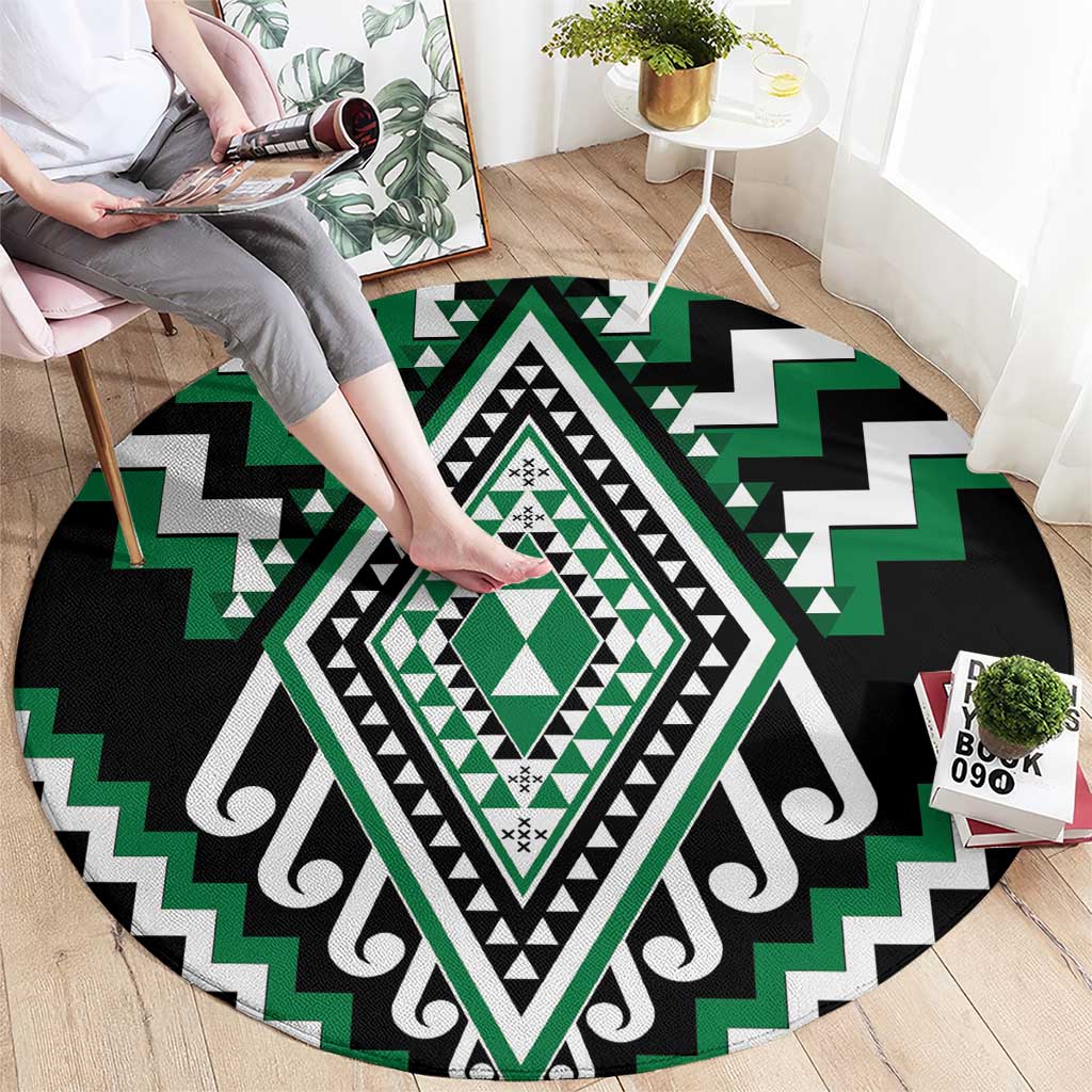 Green Aotearoa Taniko Poutama Patikitiki Round Carpet LT14 - Polynesian Pride