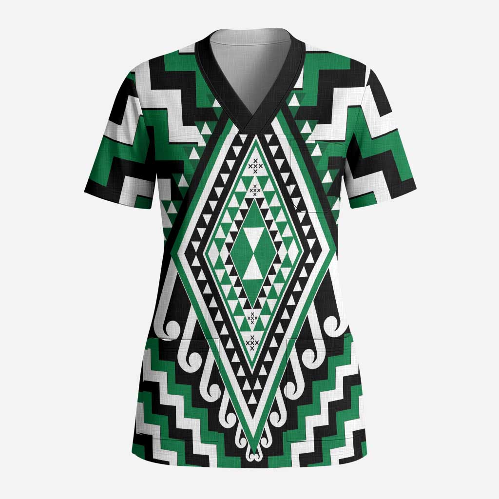 Green Aotearoa Taniko Poutama Patikitiki Scrub Top LT14 Adult Green - Polynesian Pride