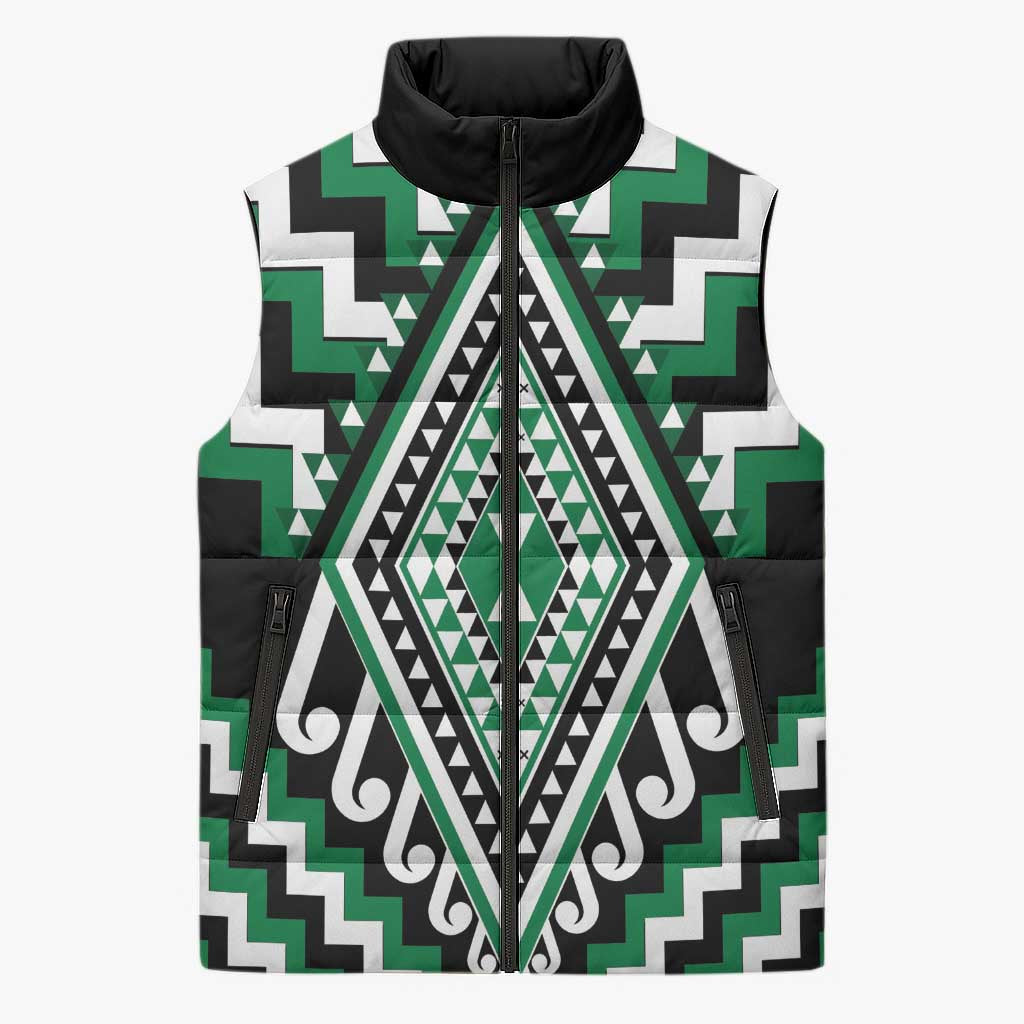 Green New Zealand Taniko Poutama Patikitiki Sleeveless Puffer Jacket LT14 Unisex Green - Polynesian Pride
