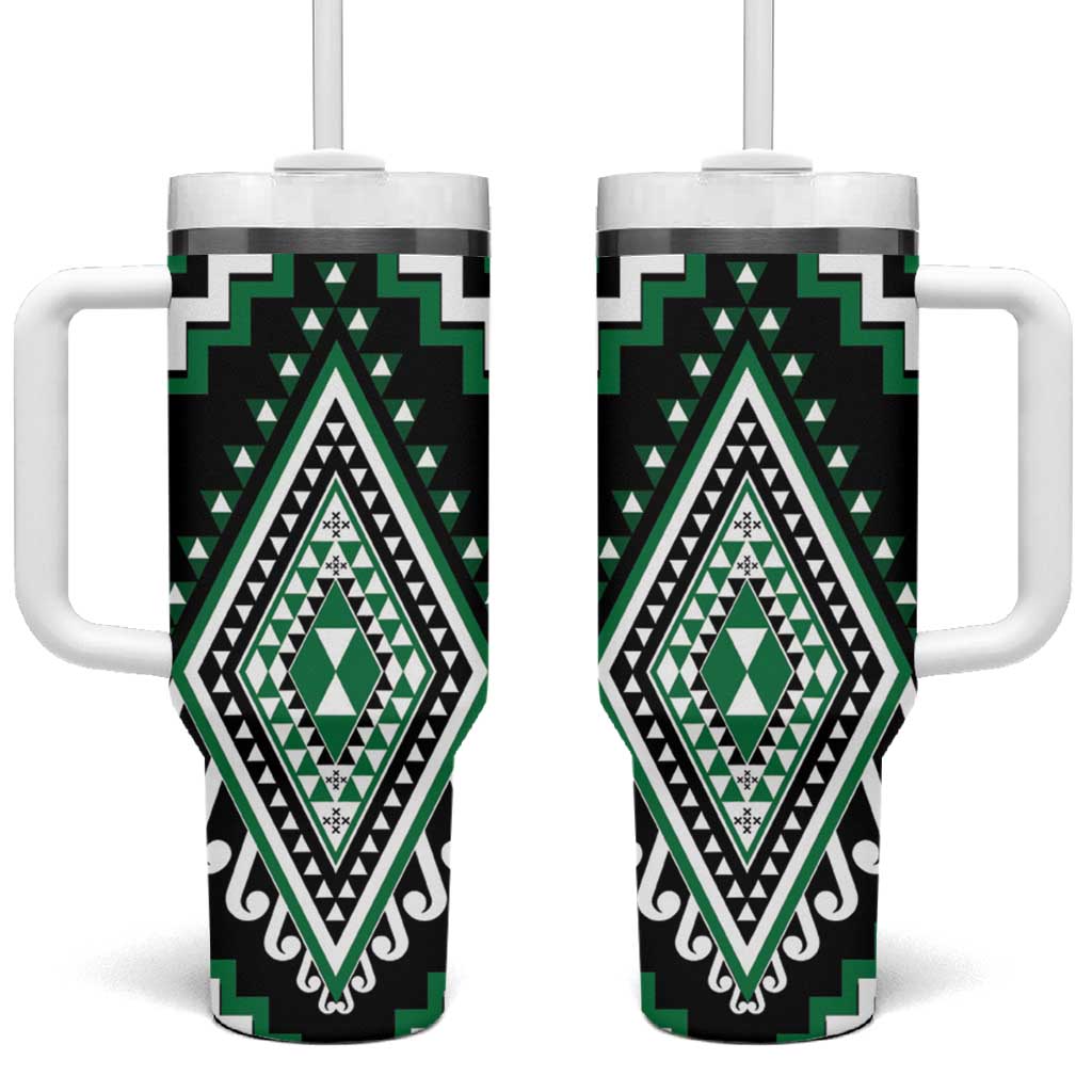 Green Aotearoa Taniko Poutama Patikitiki Tumbler With Handle LT14 One Size: 40 oz Green - Polynesian Pride