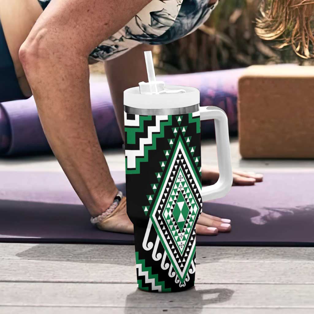 Green Aotearoa Taniko Poutama Patikitiki Tumbler With Handle LT14 - Polynesian Pride