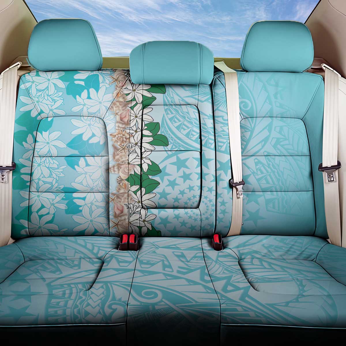 Cook Islands Tiare Maori With Conch Shell Back Car Seat Cover Pasifika Fest Polynesian Tattoo Turquoise LT14 One Size Turquoise - Polynesian Pride