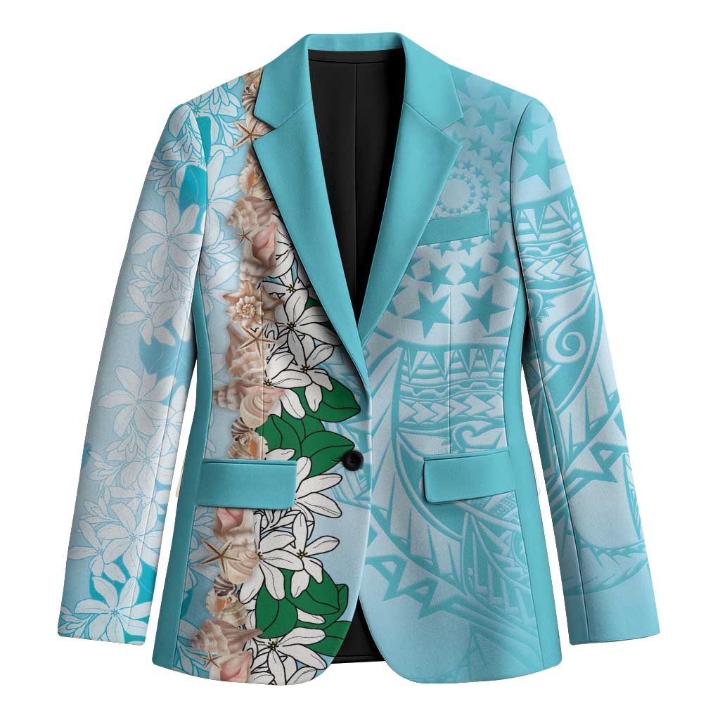 Cook Islands Tiare Maori With Conch Shell Blazer Pasifika Fest Polynesian Tattoo Turquoise LT14 Unisex Turquoise - Polynesian Pride