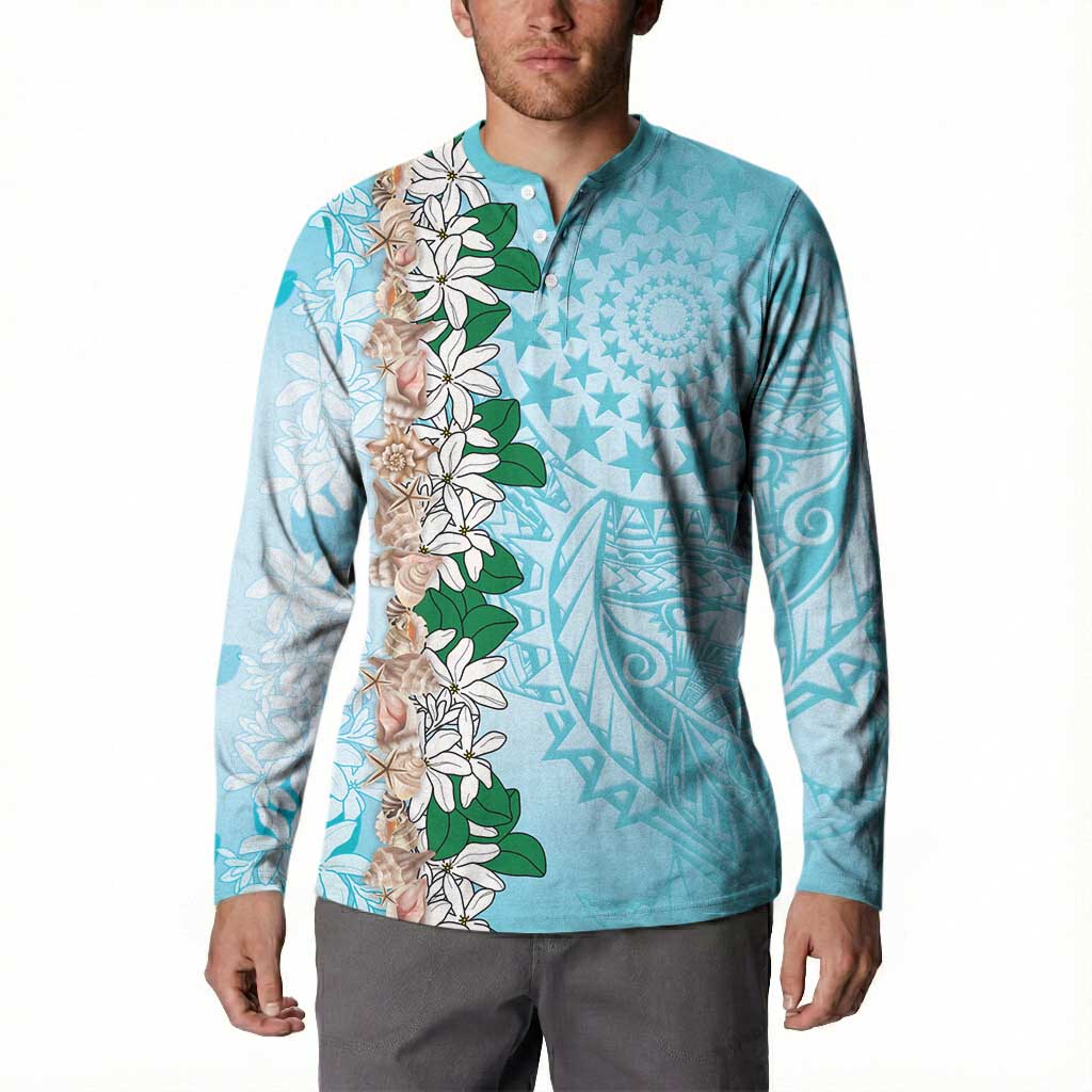 Cook Islands Tiare Maori With Conch Shell Button Sweatshirt Pasifika Fest Polynesian Tattoo Turquoise LT14 - Polynesian Pride