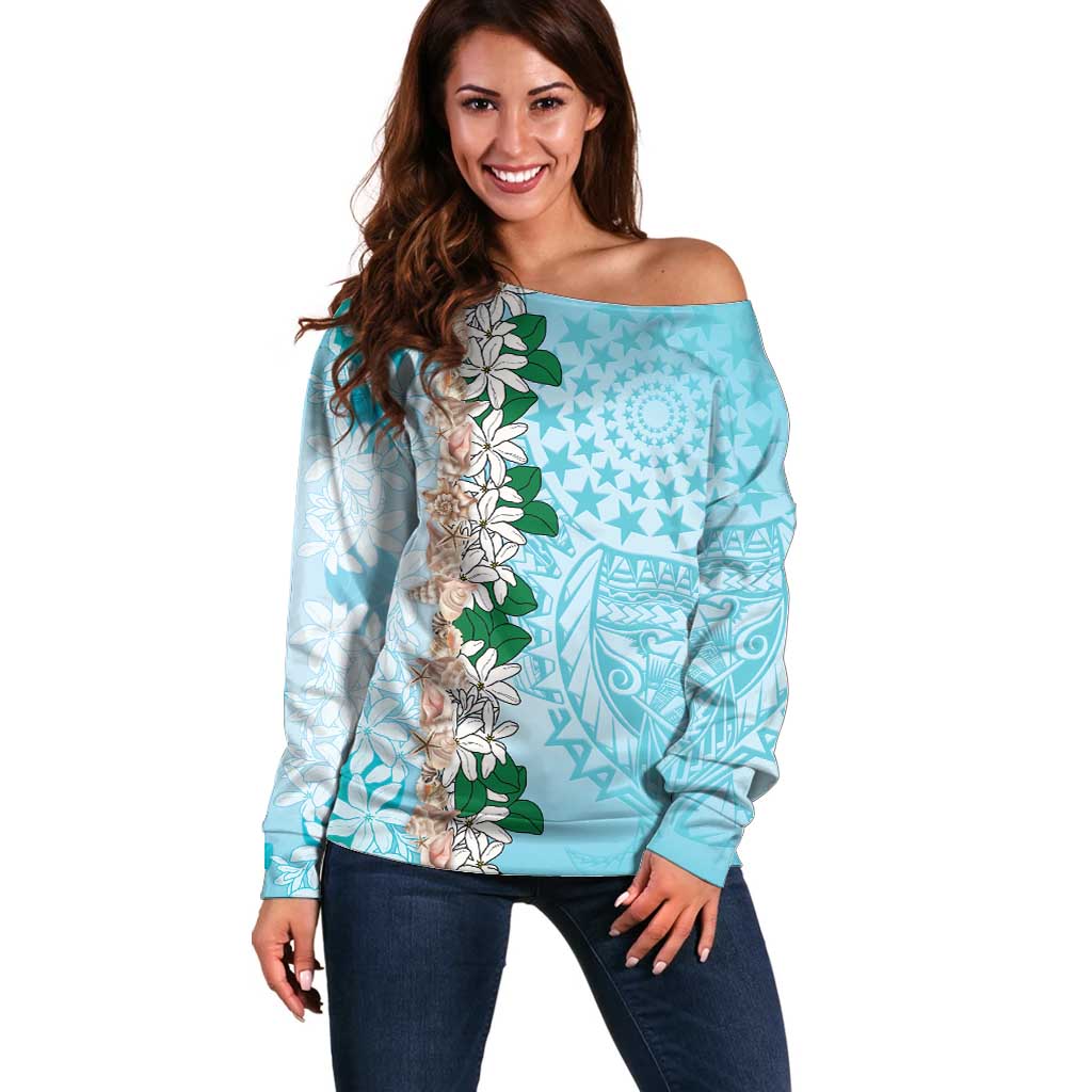 Cook Islands Tiare Maori With Conch Shell Off Shoulder Sweater Pasifika Fest Polynesian Tattoo Turquoise LT14 Women Turquoise - Polynesian Pride
