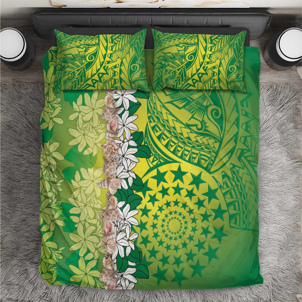 Cook Islands Tiare Maori With Conch Shell Bedding Set Pasifika Fest Polynesian Tattoo Green LT14 Green - Polynesian Pride