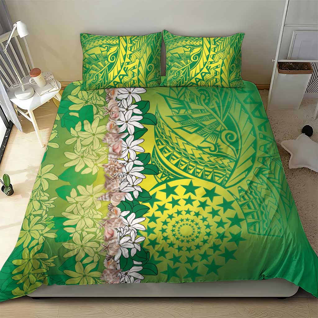 Cook Islands Tiare Maori With Conch Shell Bedding Set Pasifika Fest Polynesian Tattoo Green LT14 - Polynesian Pride