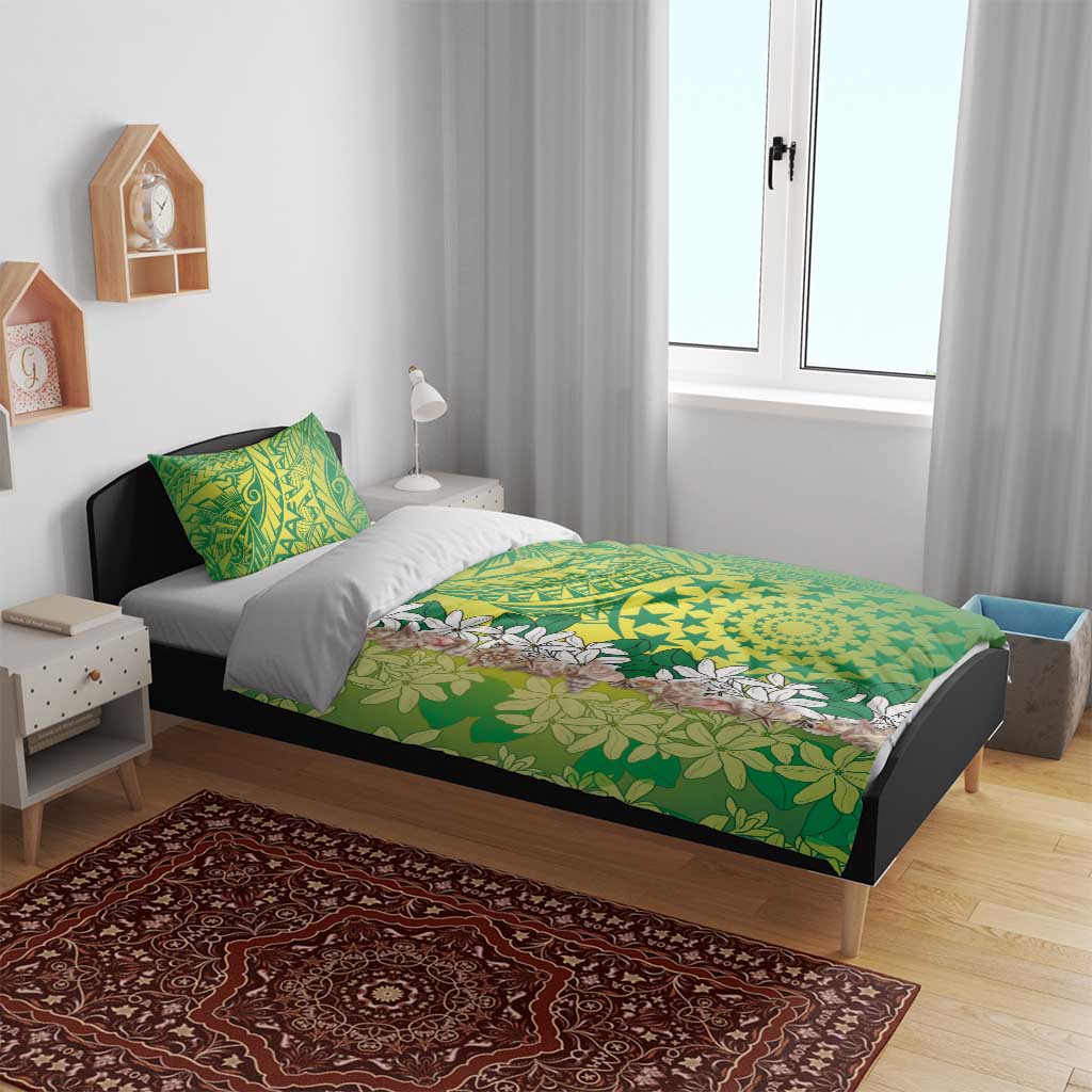 Cook Islands Tiare Maori With Conch Shell Bedding Set Pasifika Fest Polynesian Tattoo Green LT14 - Polynesian Pride