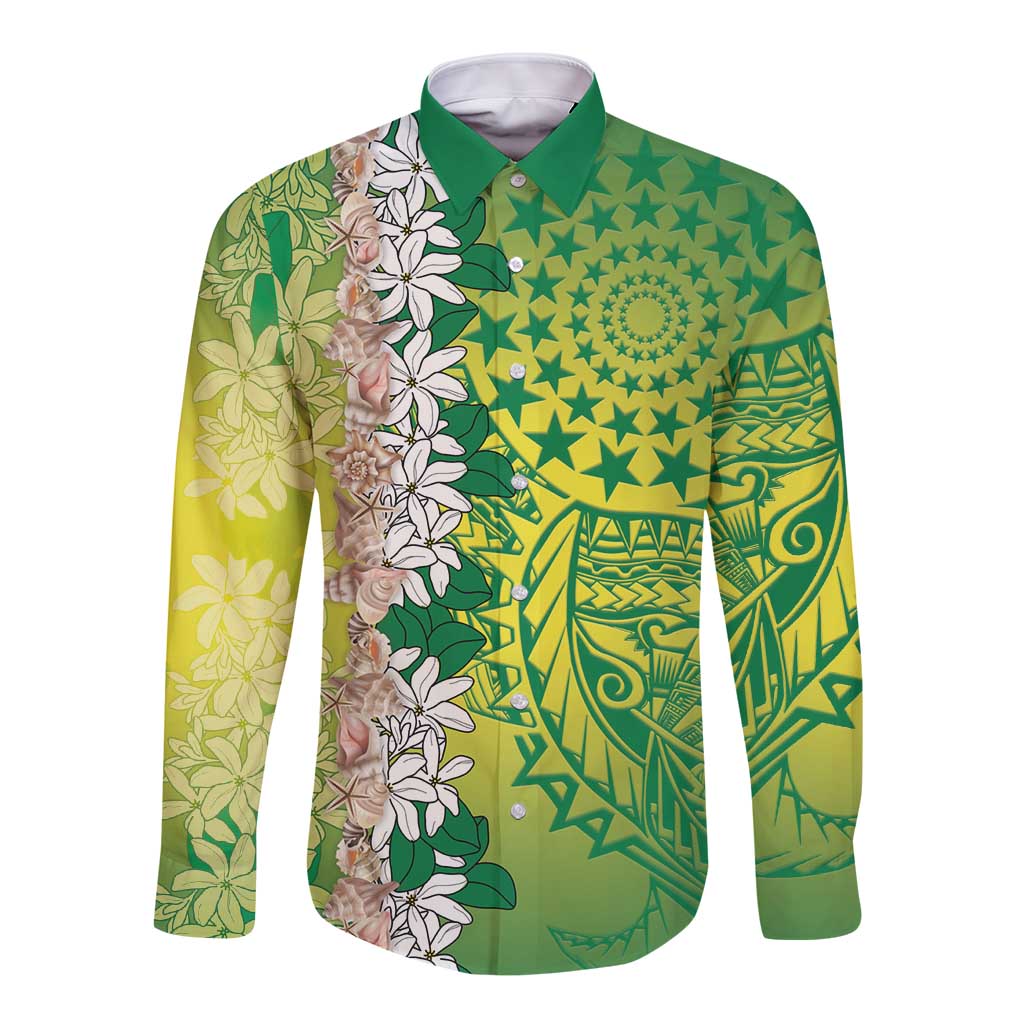 Cook Islands Tiare Maori With Conch Shell Long Sleeve Button Shirt Pasifika Fest Polynesian Tattoo Green LT14 Unisex Green - Polynesian Pride