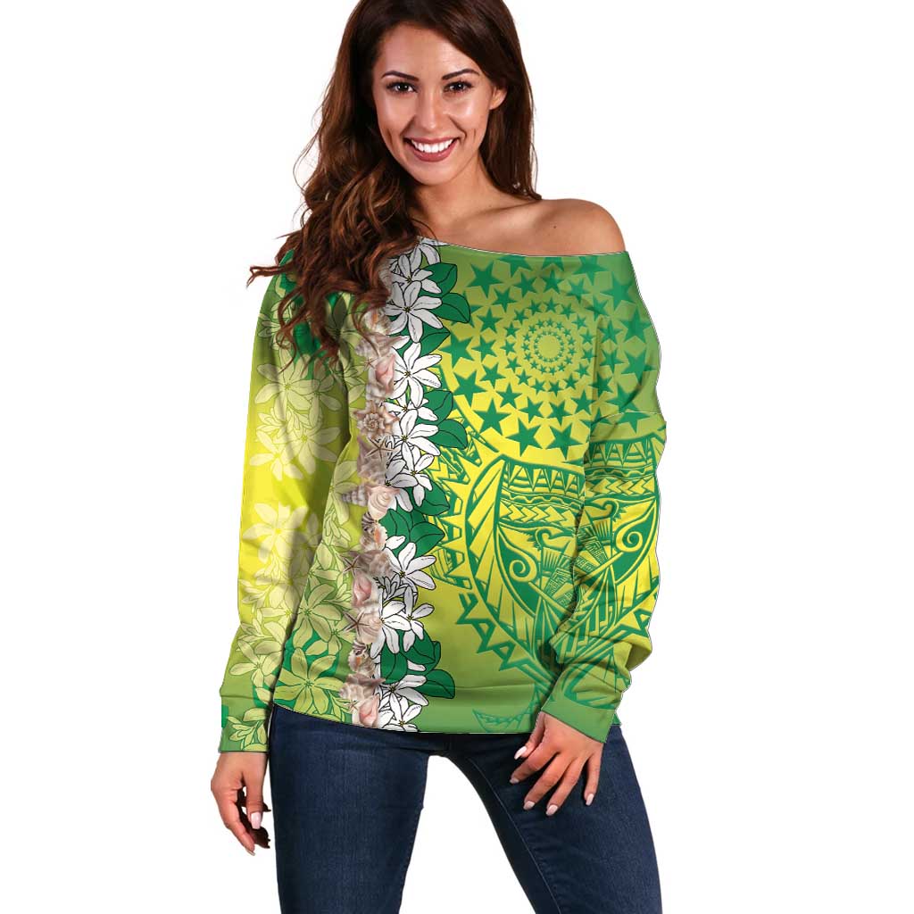 Cook Islands Tiare Maori With Conch Shell Off Shoulder Sweater Pasifika Fest Polynesian Tattoo Green LT14 Women Green - Polynesian Pride