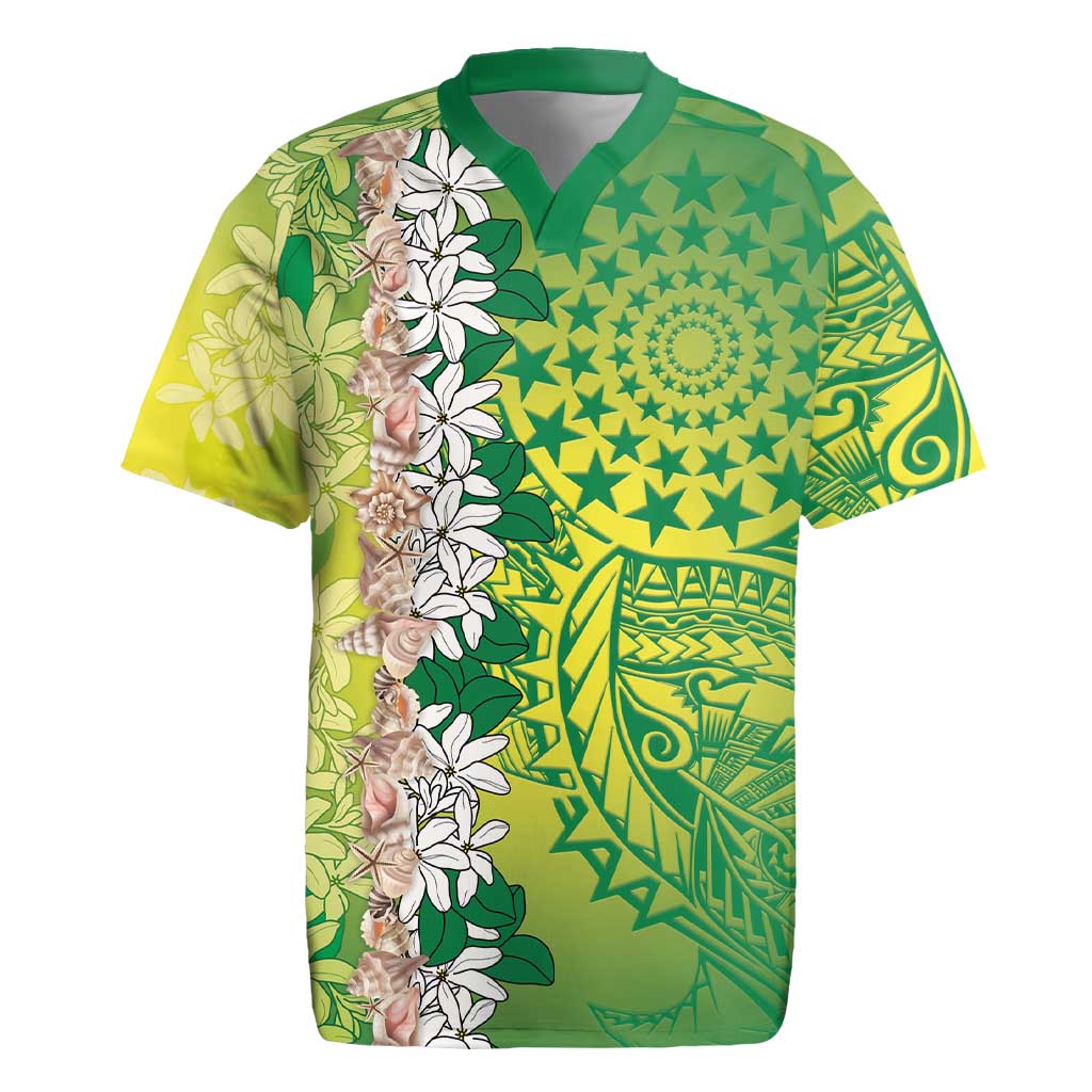 Cook Islands Tiare Maori With Conch Shell Rugby Jersey Pasifika Fest Polynesian Tattoo Green LT14 Green - Polynesian Pride
