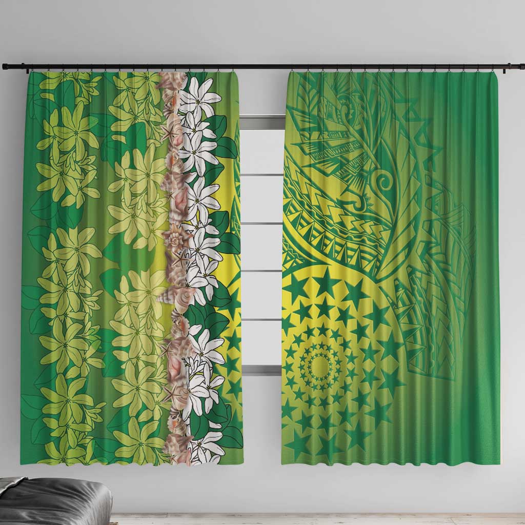 Cook Islands Tiare Maori With Conch Shell Window Curtain Pasifika Fest Polynesian Tattoo Green LT14 With Hooks Green - Polynesian Pride