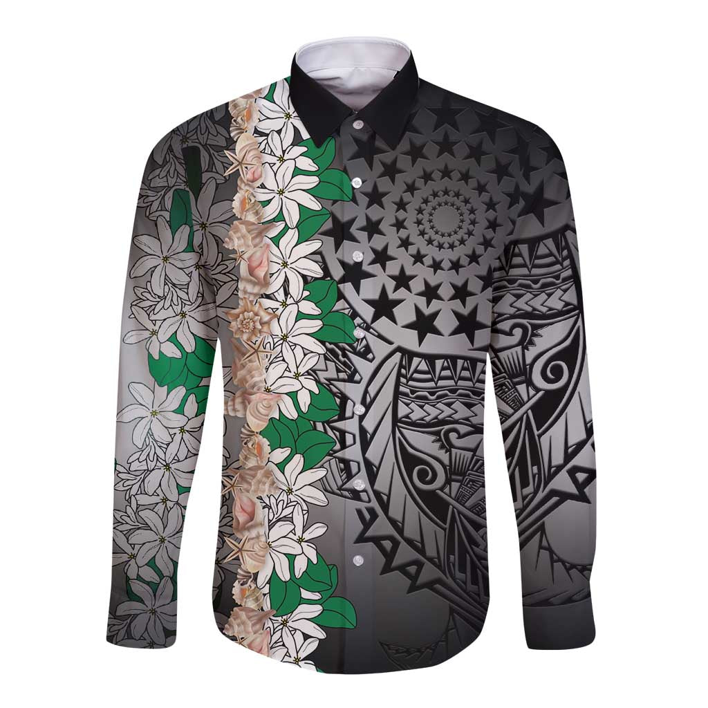 Cook Islands Tiare Maori With Conch Shell Long Sleeve Button Shirt Pasifika Fest Polynesian Tattoo Black LT14 Unisex Black - Polynesian Pride