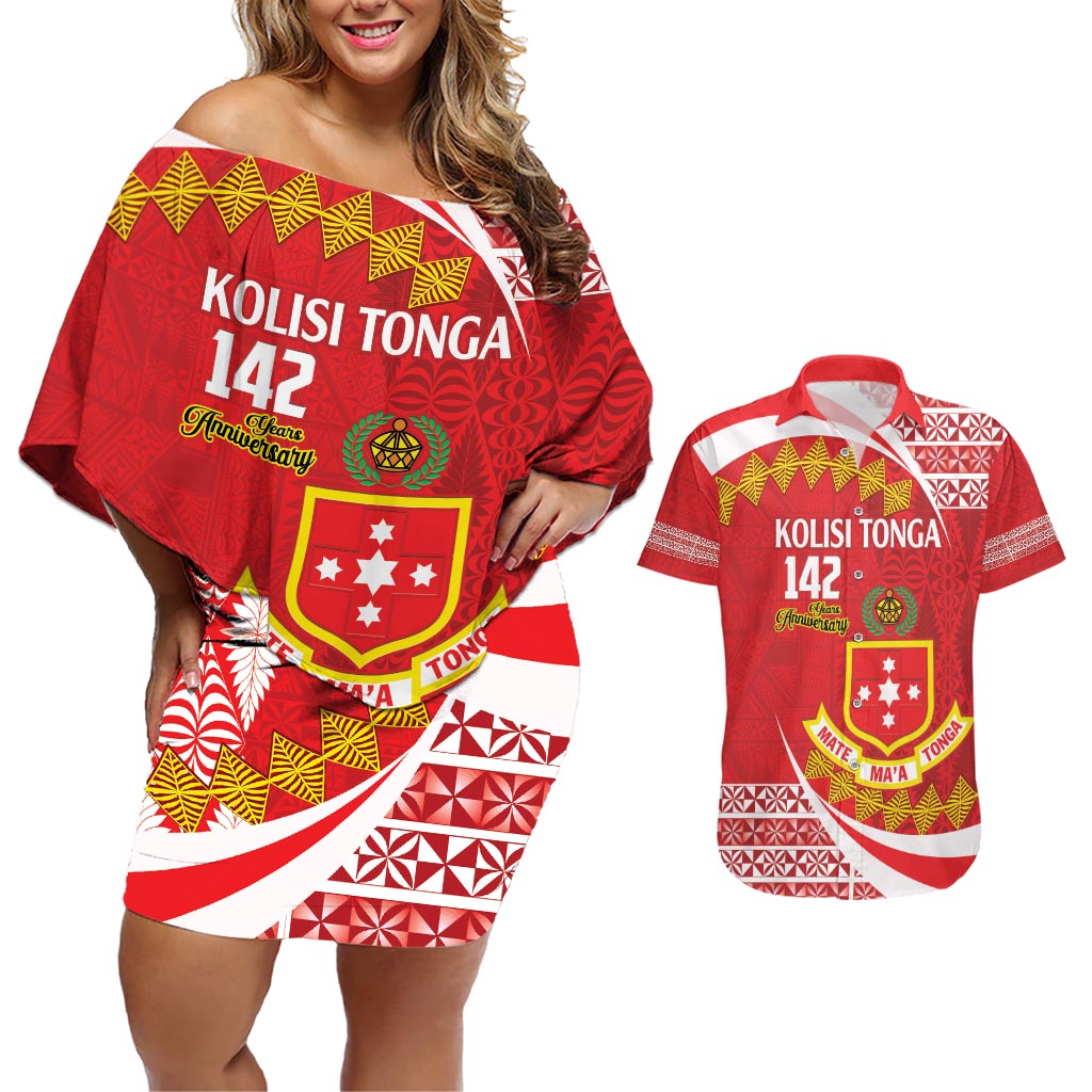 Personalised Kolisi Tonga College Atele Couples Matching Off Shoulder Short Dress and Hawaiian Shirt Mate Maa Tonga 142 Years Anniversary