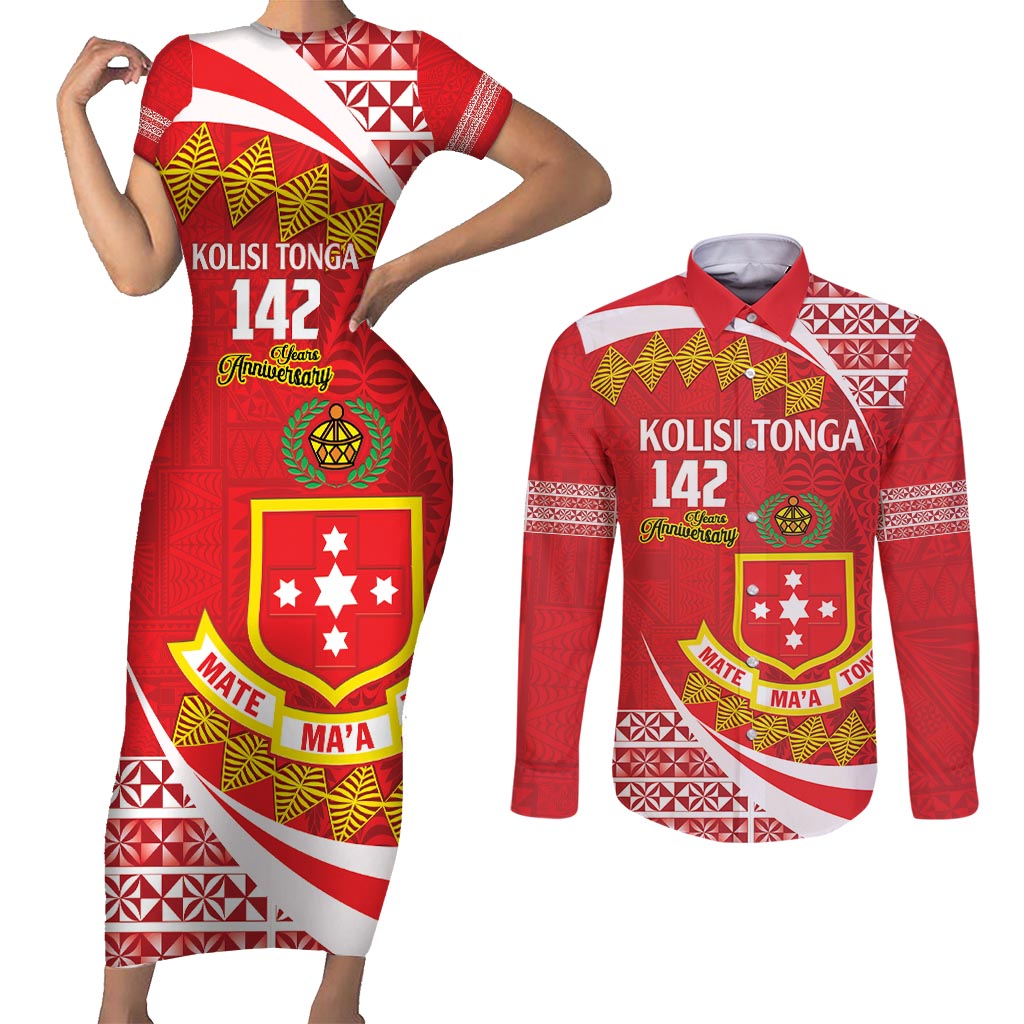 Personalised Kolisi Tonga College Atele Couples Matching Short Sleeve Bodycon Dress and Long Sleeve Button Shirt Mate Maa Tonga 142 Years Anniversary