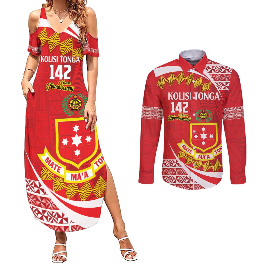 Personalised Kolisi Tonga College Atele Couples Matching Summer Maxi Dress and Long Sleeve Button Shirt Mate Maa Tonga 142 Years Anniversary