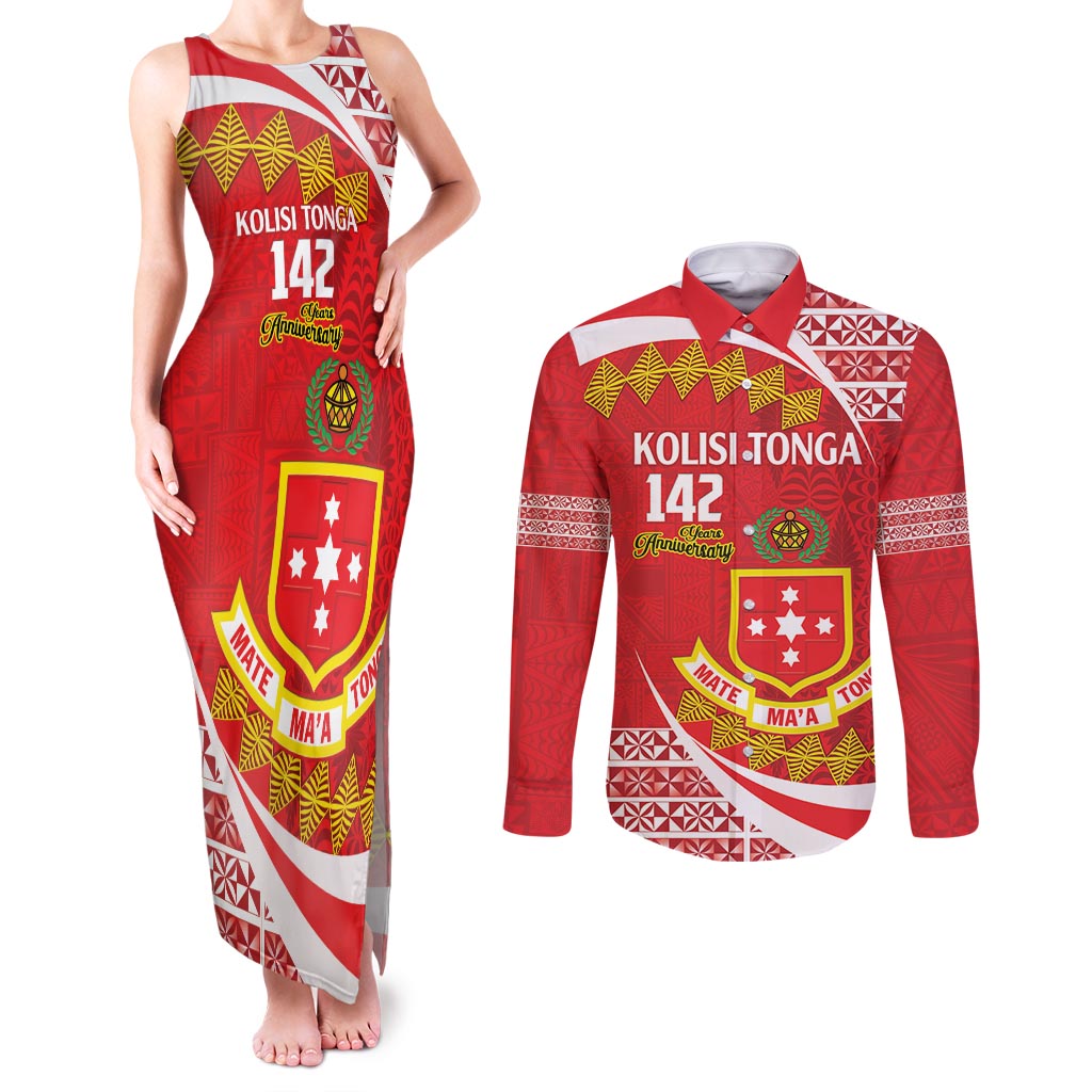 Personalised Kolisi Tonga College Atele Couples Matching Tank Maxi Dress and Long Sleeve Button Shirt Mate Maa Tonga 142 Years Anniversary