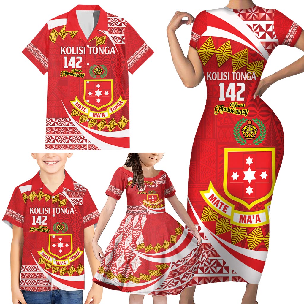 Personalised Kolisi Tonga College Atele Family Matching Short Sleeve Bodycon Dress and Hawaiian Shirt Mate Maa Tonga 142 Years Anniversary