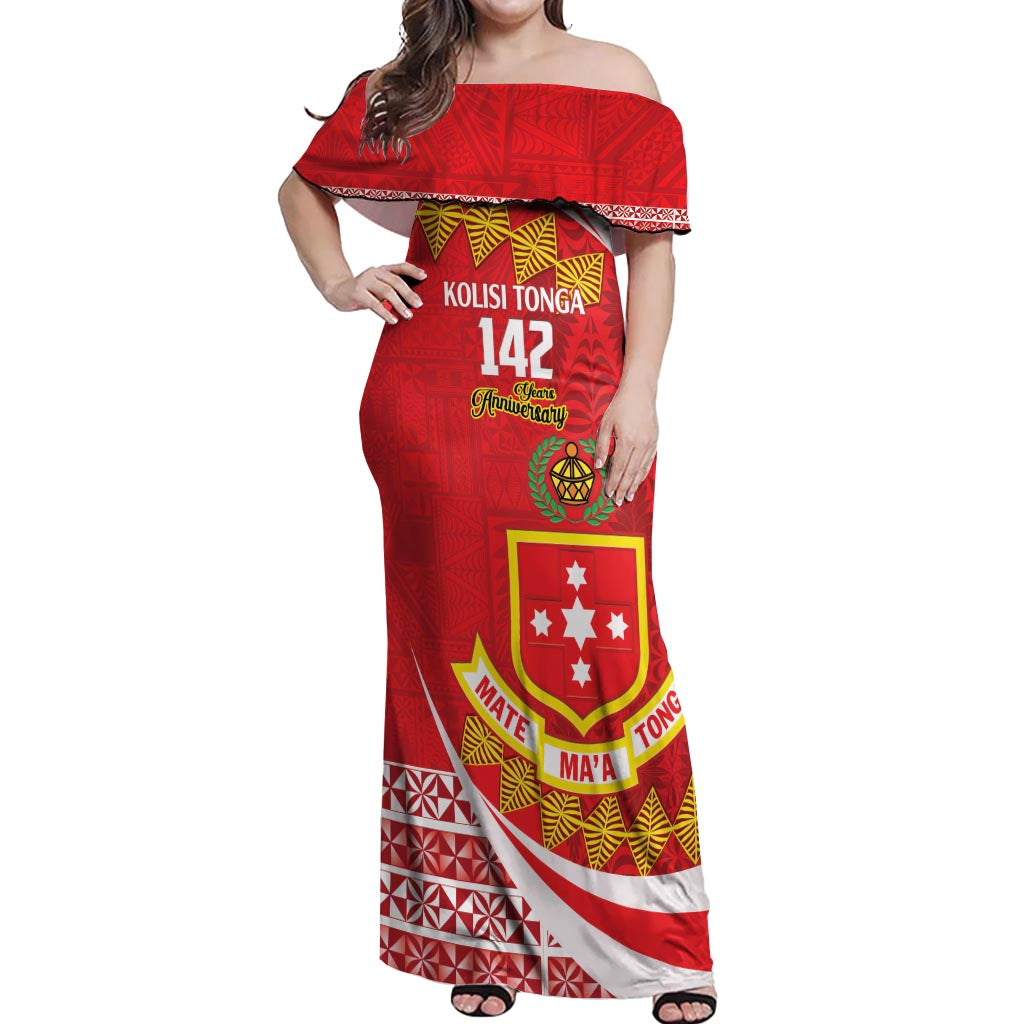 Personalised Kolisi Tonga College Atele Off Shoulder Maxi Dress Mate Maa Tonga 142 Years Anniversary LT14 Women Red - Polynesian Pride