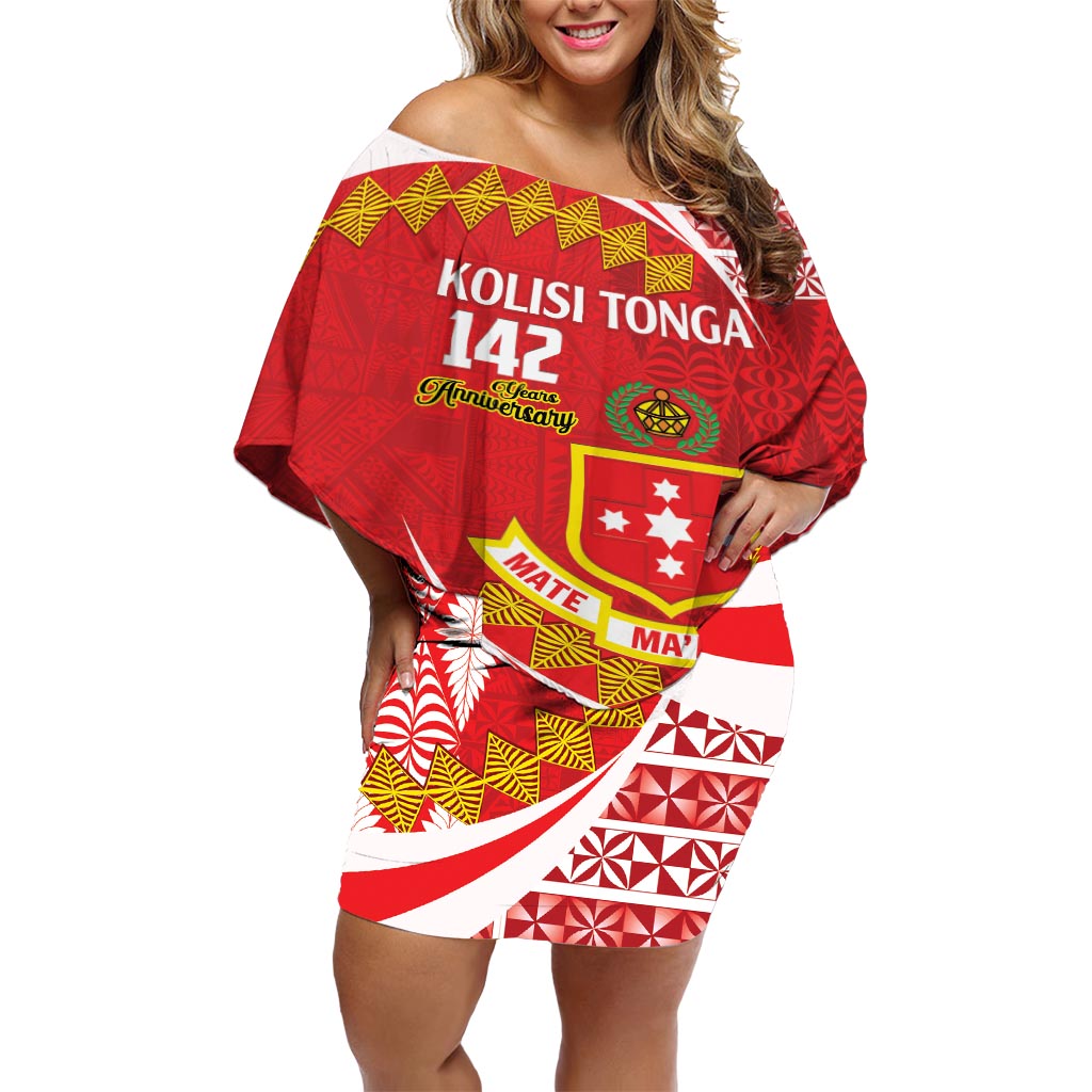 Personalised Kolisi Tonga College Atele Off Shoulder Short Dress Mate Maa Tonga 142 Years Anniversary LT14 Women Red - Polynesian Pride