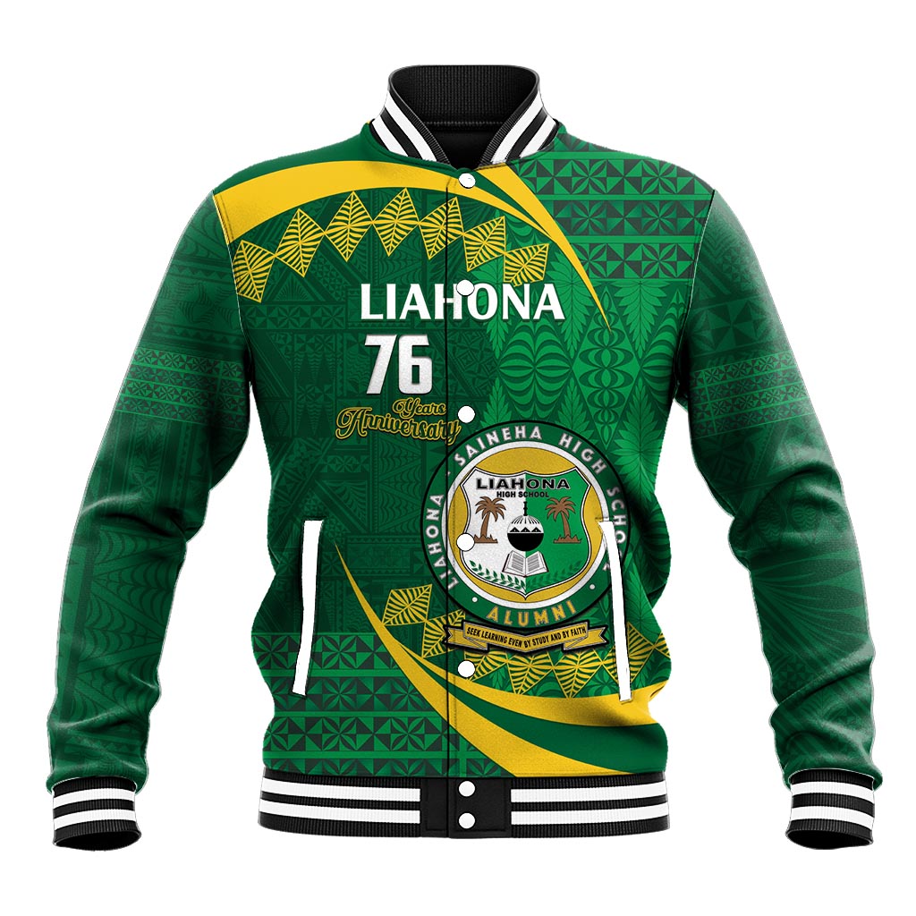 Personalised Tonga Liahona-Saineha High School Baseball Jacket Happy 76 Years Anniversary LT14 Unisex Green - Polynesian Pride