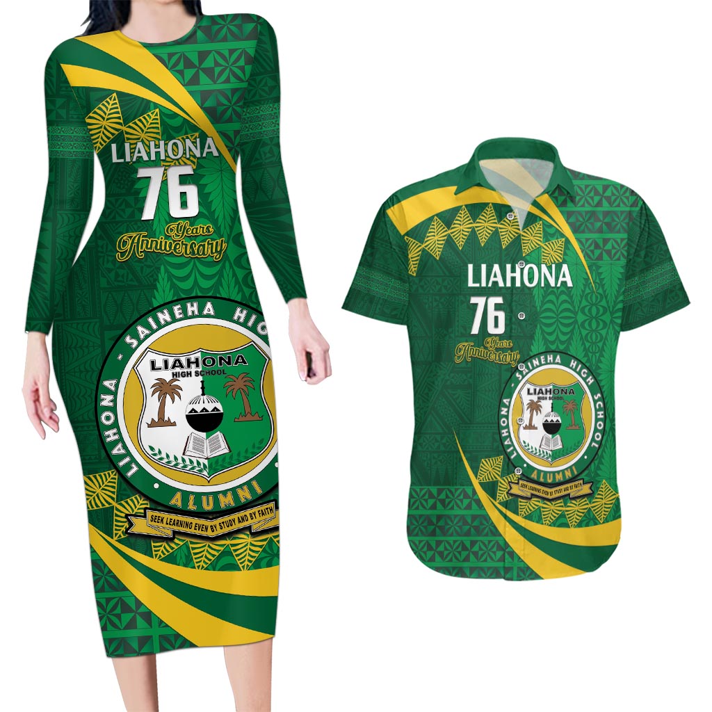 Personalised Tonga Liahona-Saineha High School Couples Matching Long Sleeve Bodycon Dress and Hawaiian Shirt Happy 76 Years Anniversary