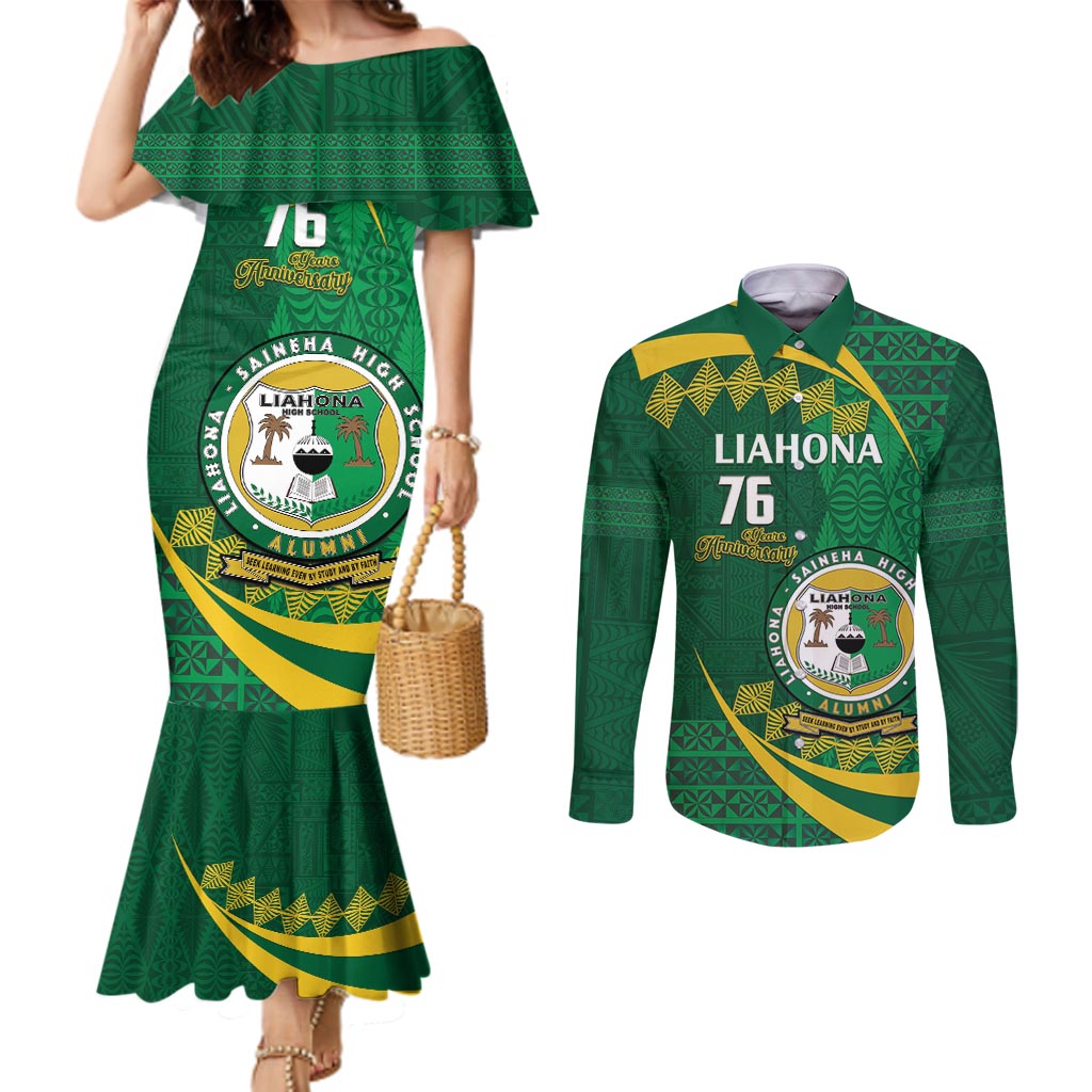 Personalised Tonga Liahona-Saineha High School Couples Matching Mermaid Dress and Long Sleeve Button Shirt Happy 76 Years Anniversary