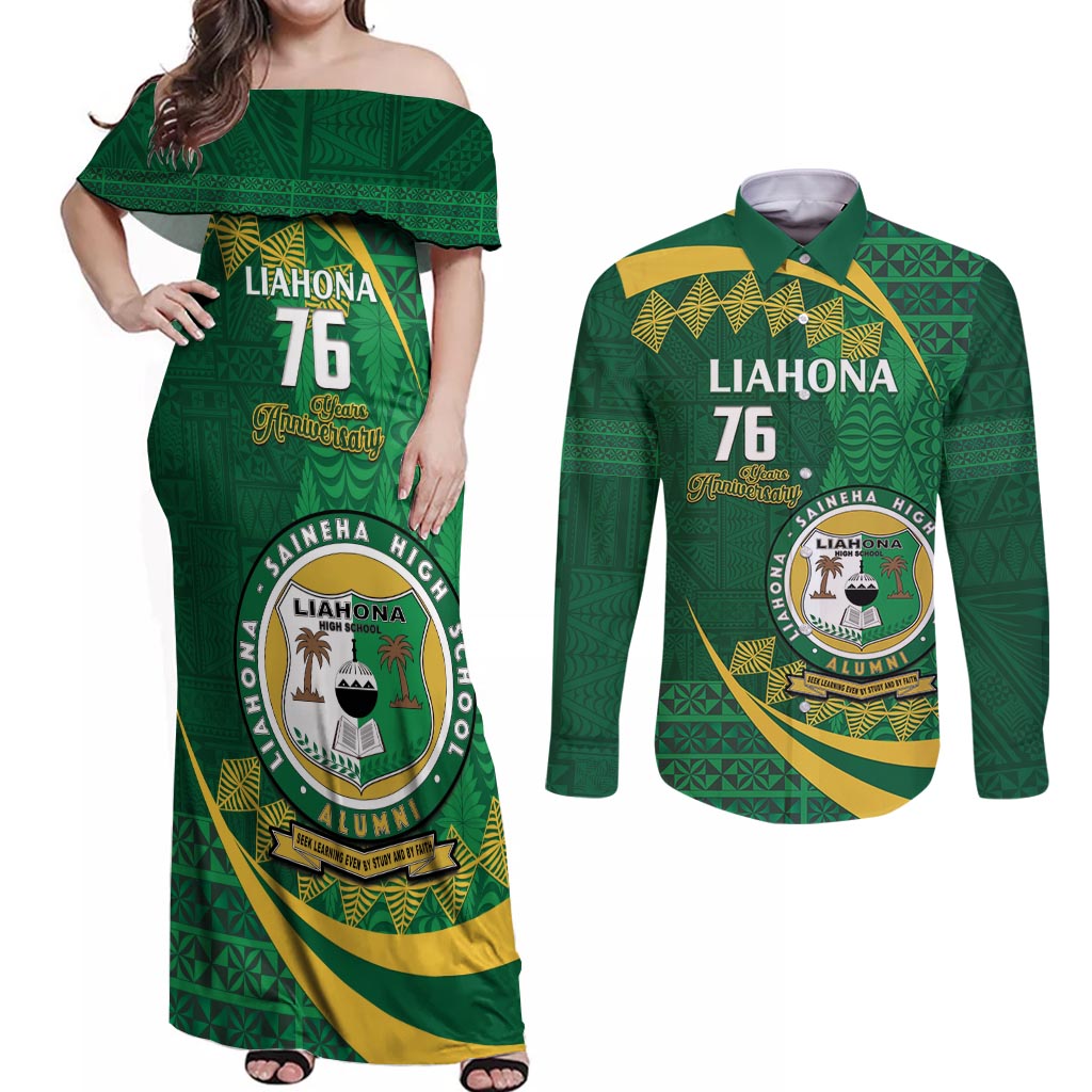 Personalised Tonga Liahona-Saineha High School Couples Matching Off Shoulder Maxi Dress and Long Sleeve Button Shirt Happy 76 Years Anniversary