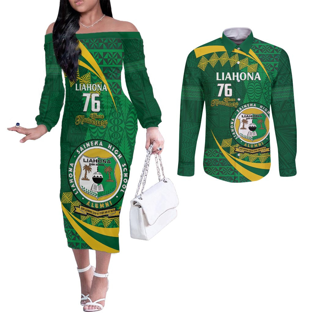 Personalised Tonga Liahona-Saineha High School Couples Matching Off The Shoulder Long Sleeve Dress and Long Sleeve Button Shirt Happy 76 Years Anniversary