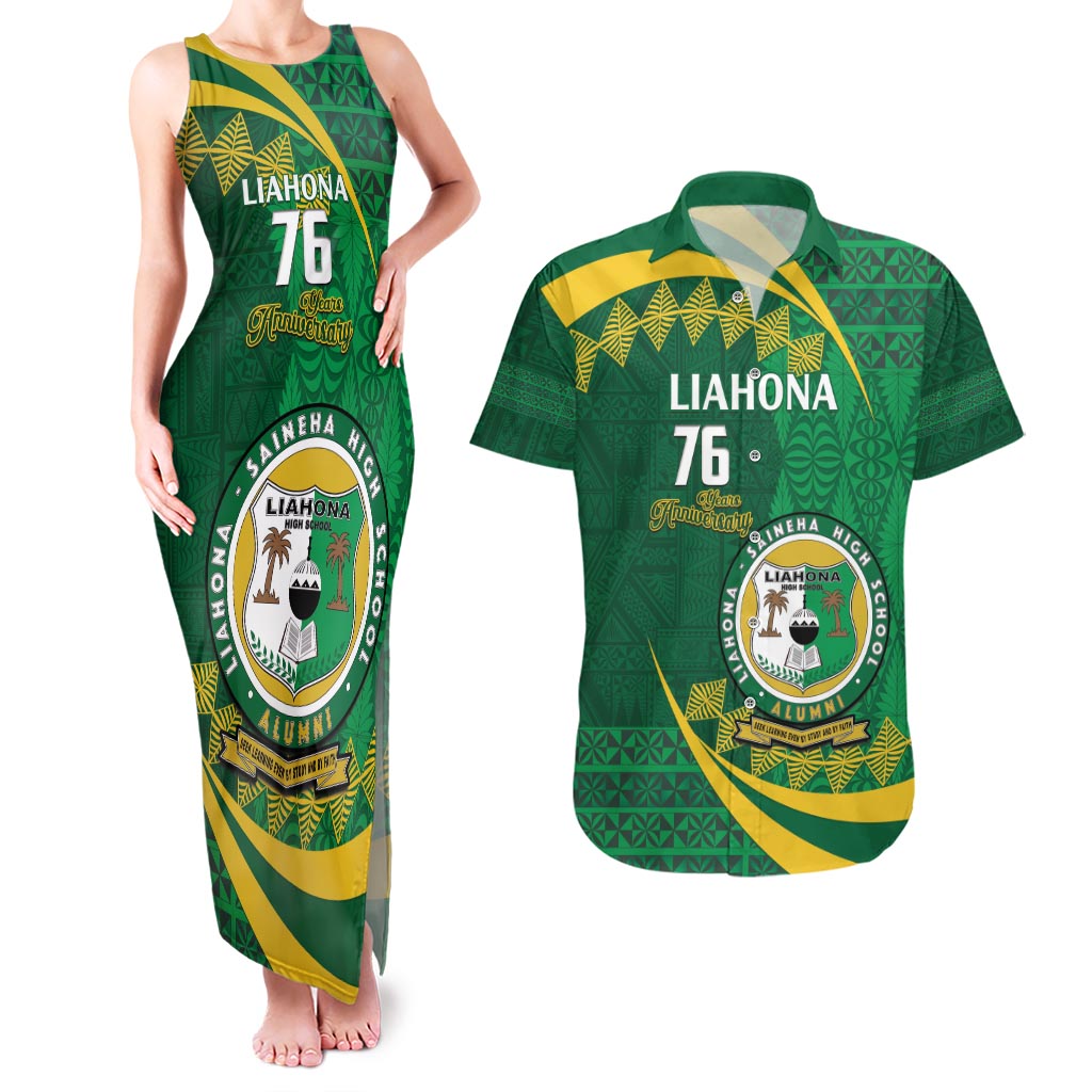 Personalised Tonga Liahona-Saineha High School Couples Matching Tank Maxi Dress and Hawaiian Shirt Happy 76 Years Anniversary