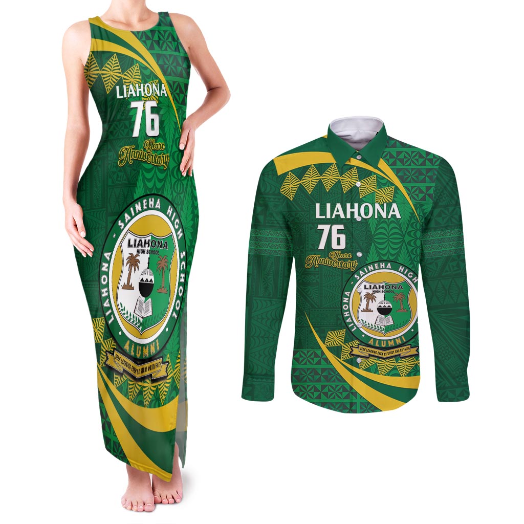 Personalised Tonga Liahona-Saineha High School Couples Matching Tank Maxi Dress and Long Sleeve Button Shirt Happy 76 Years Anniversary