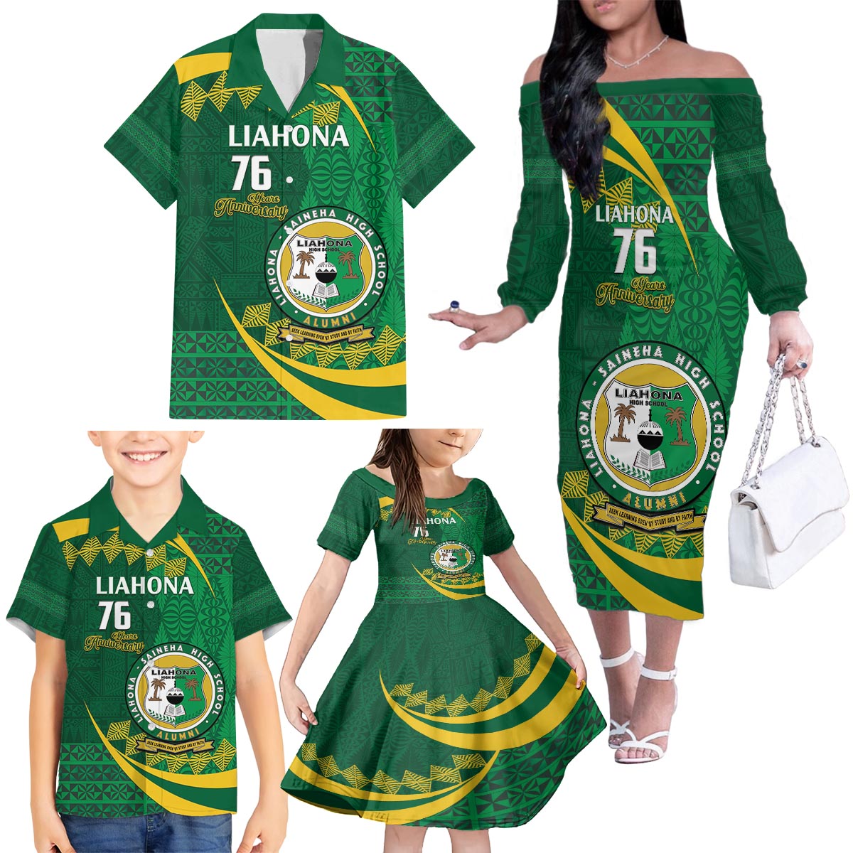 Personalised Tonga Liahona-Saineha High School Family Matching Off The Shoulder Long Sleeve Dress and Hawaiian Shirt Happy 76 Years Anniversary