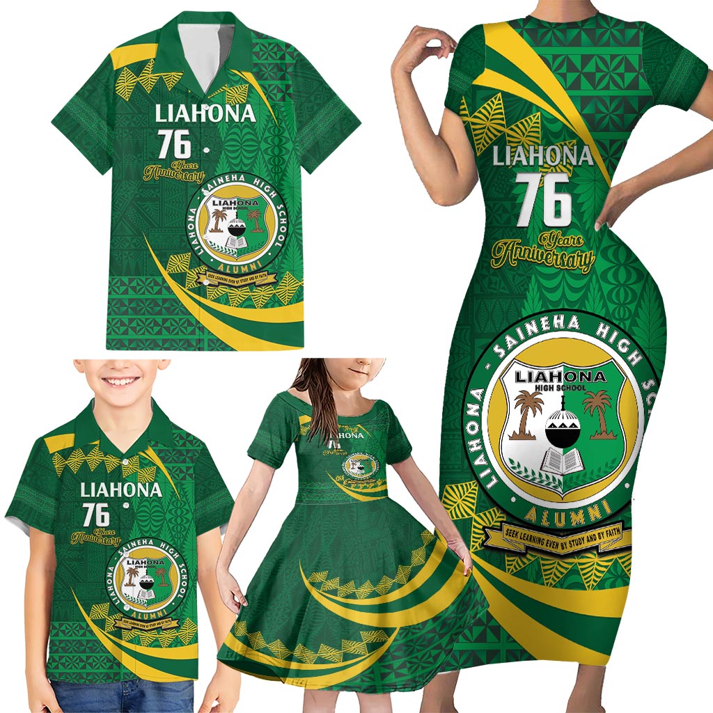 Personalised Tonga Liahona-Saineha High School Family Matching Short Sleeve Bodycon Dress and Hawaiian Shirt Happy 76 Years Anniversary