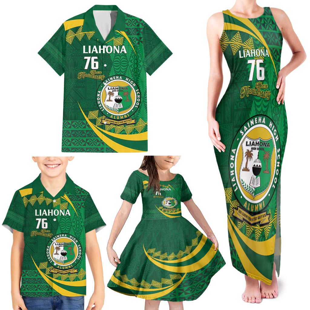 Personalised Tonga Liahona-Saineha High School Family Matching Tank Maxi Dress and Hawaiian Shirt Happy 76 Years Anniversary