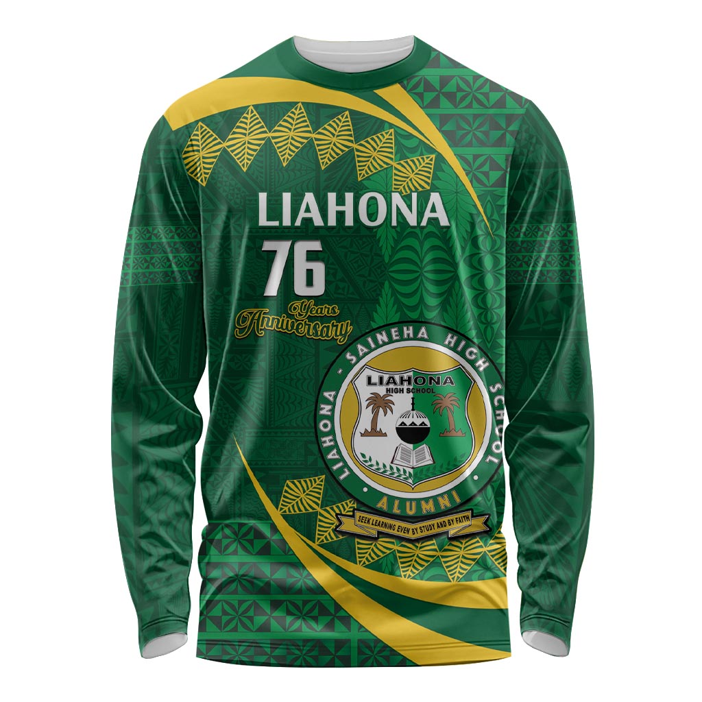Personalised Tonga Liahona-Saineha High School Long Sleeve Shirt Happy 76 Years Anniversary LT14 Unisex Green - Polynesian Pride