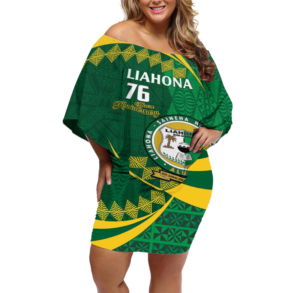 Personalised Tonga Liahona-Saineha High School Off Shoulder Short Dress Happy 76 Years Anniversary