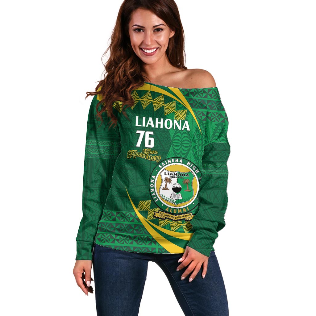 Personalised Tonga Liahona-Saineha High School Off Shoulder Sweater Happy 76 Years Anniversary