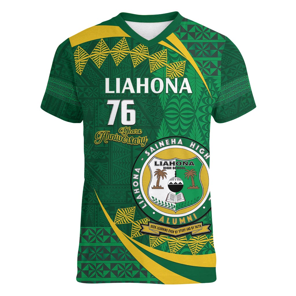 Personalised Tonga Liahona-Saineha High School Women V-Neck T-Shirt Happy 76 Years Anniversary