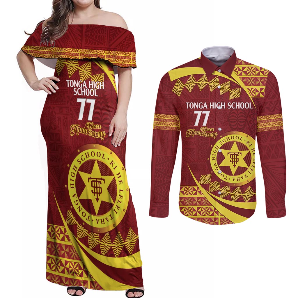 Personalised Tonga High School Couples Matching Off Shoulder Maxi Dress and Long Sleeve Button Shirt Happy 77 Years Anniversary