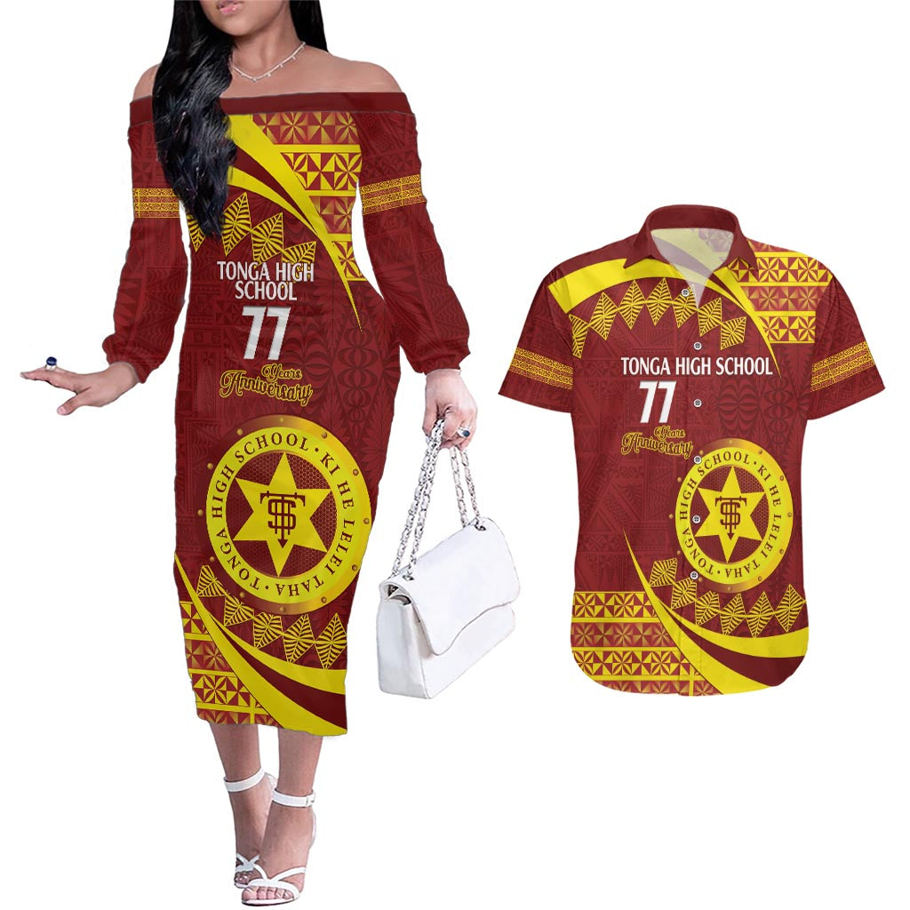 Personalised Tonga High School Couples Matching Off The Shoulder Long Sleeve Dress and Hawaiian Shirt Happy 77 Years Anniversary