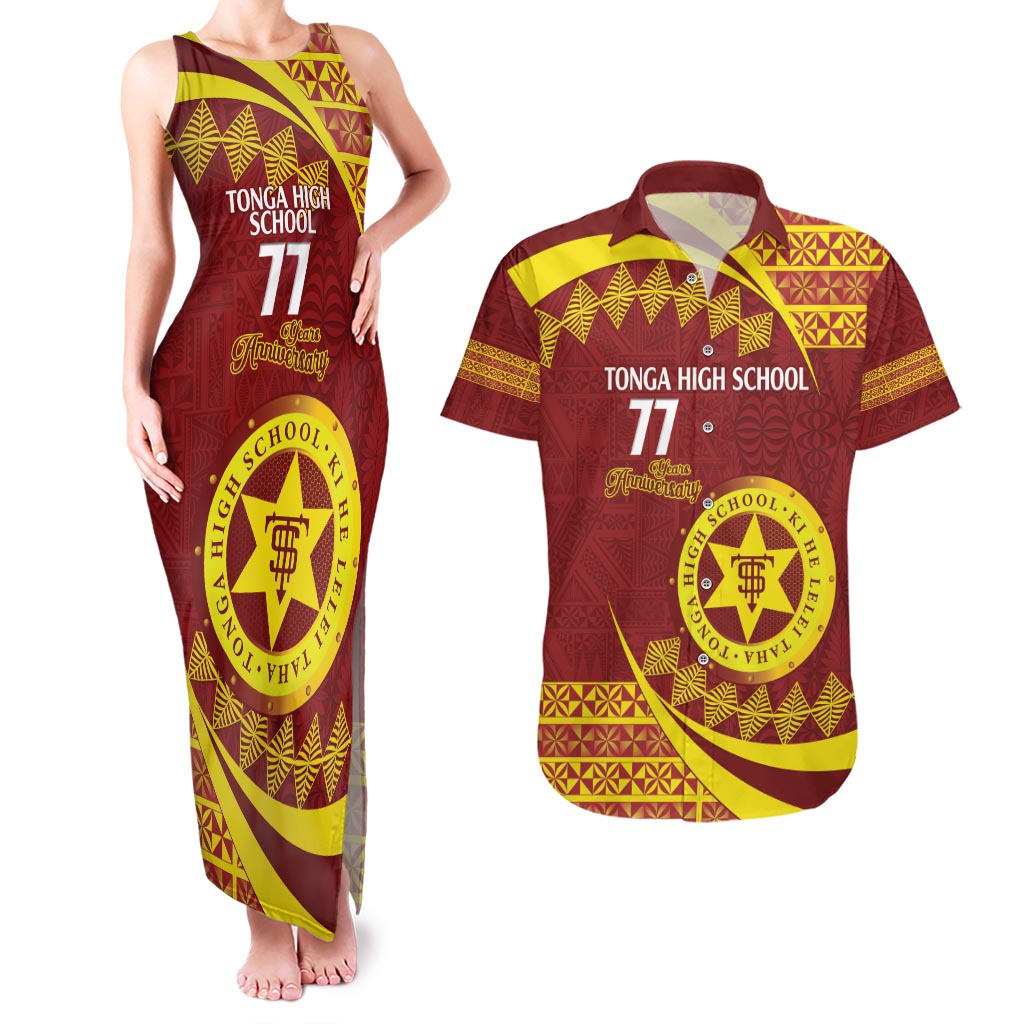 Personalised Tonga High School Couples Matching Tank Maxi Dress and Hawaiian Shirt Happy 77 Years Anniversary