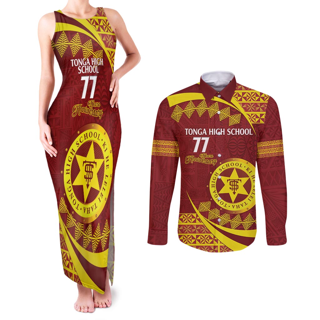 Personalised Tonga High School Couples Matching Tank Maxi Dress and Long Sleeve Button Shirt Happy 77 Years Anniversary