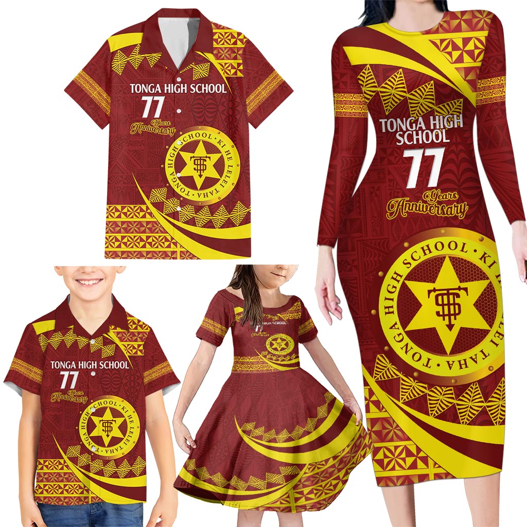 Personalised Tonga High School Family Matching Long Sleeve Bodycon Dress and Hawaiian Shirt Happy 77 Years Anniversary