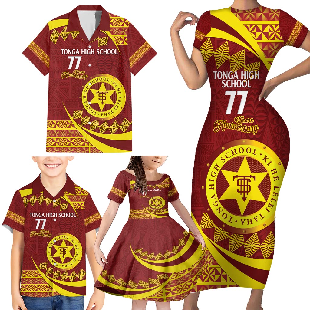 Personalised Tonga High School Family Matching Short Sleeve Bodycon Dress and Hawaiian Shirt Happy 77 Years Anniversary