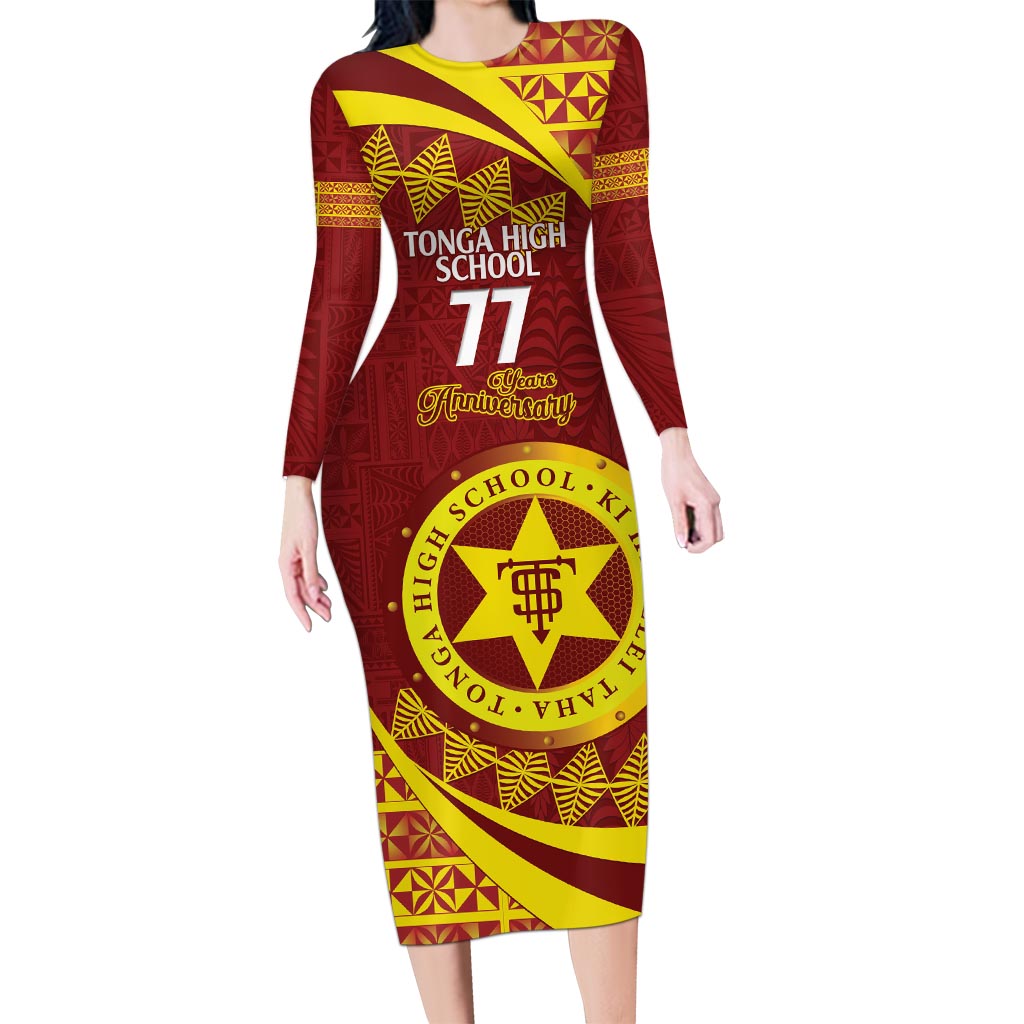 Personalised Tonga High School Long Sleeve Bodycon Dress Happy 77 Years Anniversary LT14 Long Dress Maroon - Polynesian Pride