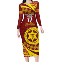 Personalised Tonga High School Long Sleeve Bodycon Dress Happy 77 Years Anniversary LT14 Long Dress Maroon - Polynesian Pride