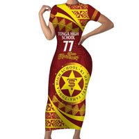 Personalised Tonga High School Short Sleeve Bodycon Dress Happy 77 Years Anniversary LT14 Long Dress Maroon - Polynesian Pride