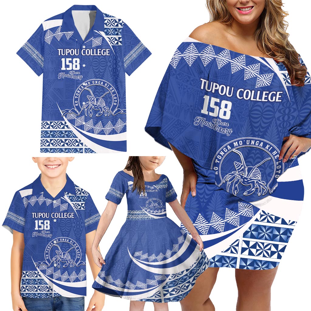 Personalised Tonga Tupou College Toloa Family Matching Off Shoulder Short Dress and Hawaiian Shirt Happy 158 Years Anniversary