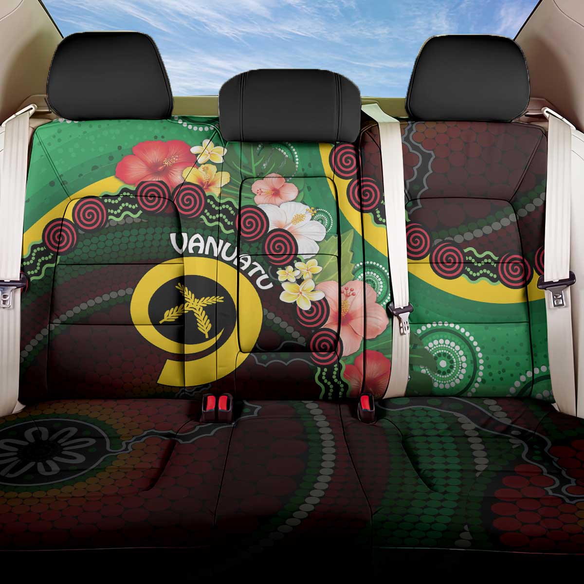 Long God Yumi Stanap Vanuatu Back Car Seat Cover Tropical Flowers Aboriginal Pattern LT14 One Size Green - Polynesian Pride